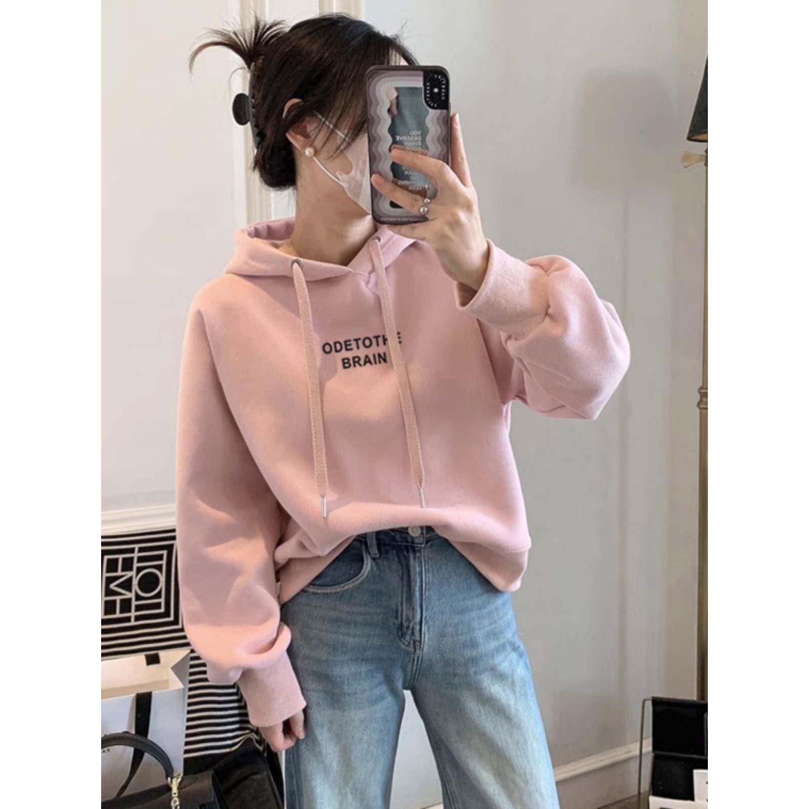 粉色连帽卫衣女春秋2025新款韩版洋气时尚减龄套头打底衫短款上衣