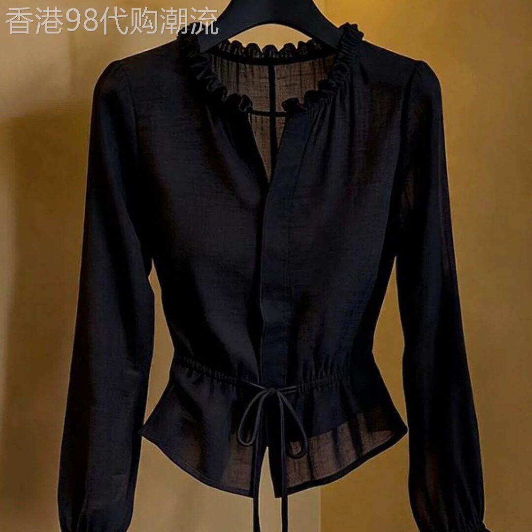 法式小资v领系带收腰衬衫女长袖秋季大码胖MM轻奢小众高级感上衣