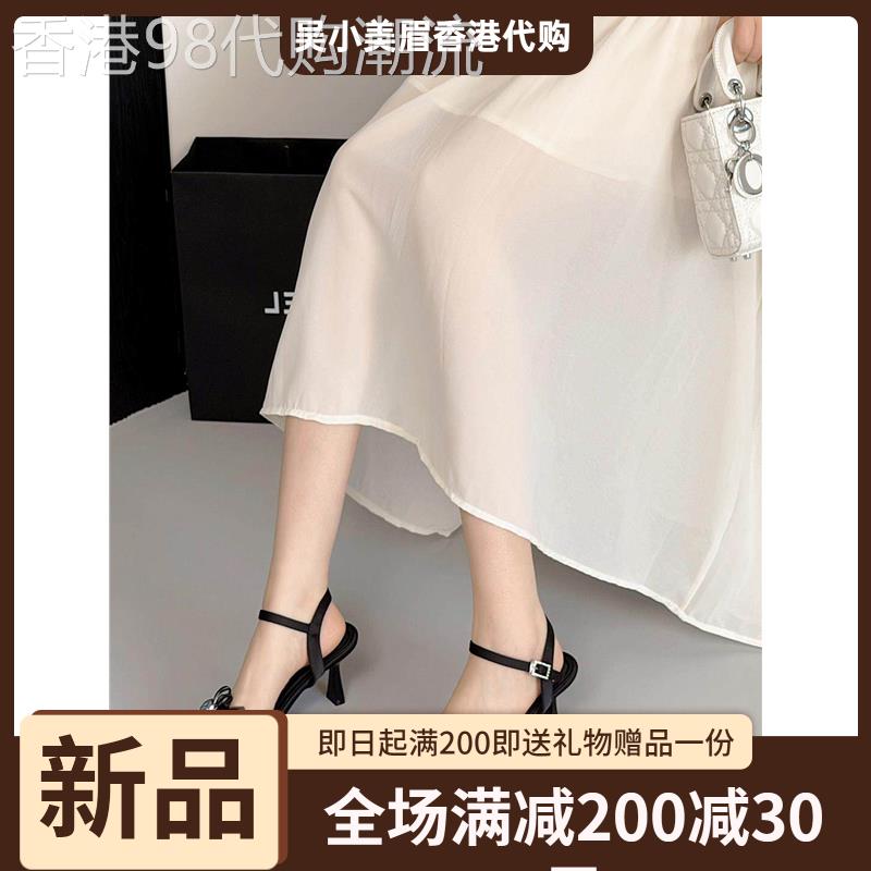 香港2026夏季细跟一字带扣时尚露趾女凉鞋仙女风方头气质高跟鞋黑