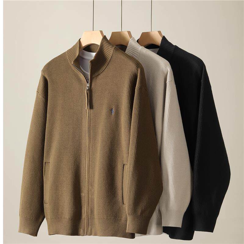 秋季高定老钱风刺绣立领外套男款莱赛尔混纺粗坑条针织毛衣