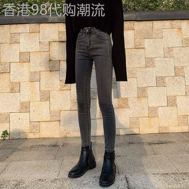 潮牌高腰牛仔裤2026春秋新款休闲烟灰色紧身弹力女装牛仔铅笔裤