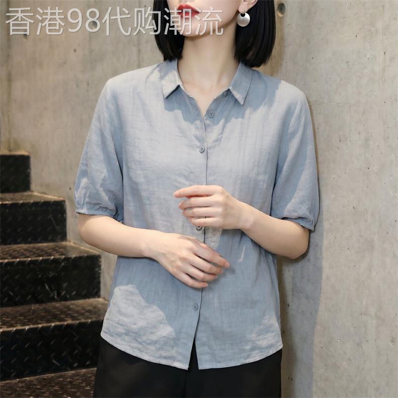 复古翻领大尺码棉麻短袖衬衫女士夏季新款宽松显瘦亚麻衬衫气质上