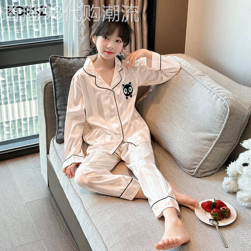 儿童真丝睡衣女童春秋款2026新款长袖网红冰丝开衫女孩家居服夏季