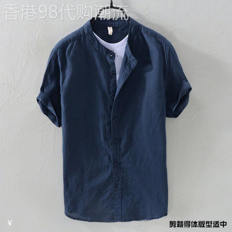 轻奢复古棉麻衬衫男士夏季日系宽松大尺码薄款立领外套纯色休闲衬