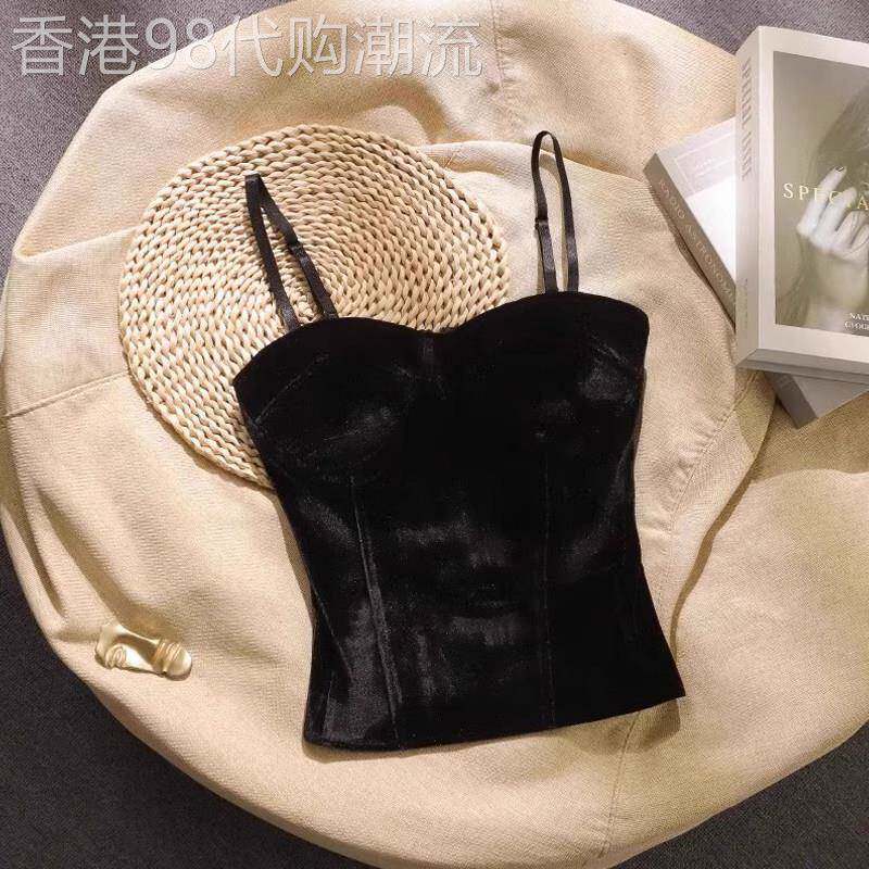 金丝绒小吊带背心女春秋欧货带胸垫美背文胸一体西装内搭打底上衣