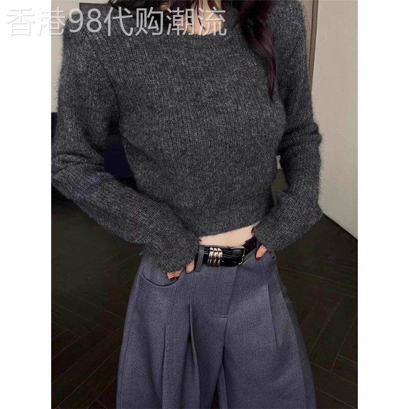 灰色圆领长袖短款针织毛衣女秋冬欧货修身收腰显瘦内搭打底衫上衣