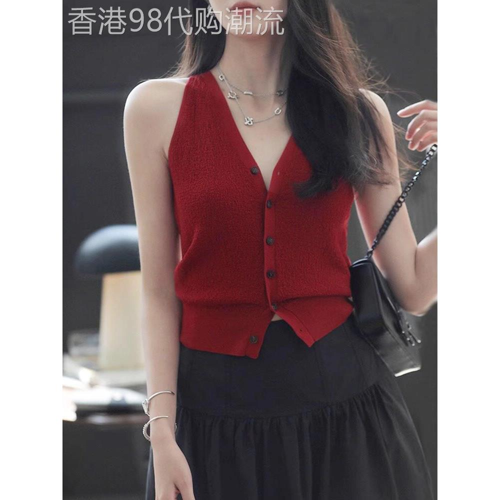 酒红色挂脖针织吊带背心女2025夏季法式V领短款无袖上衣马甲背心