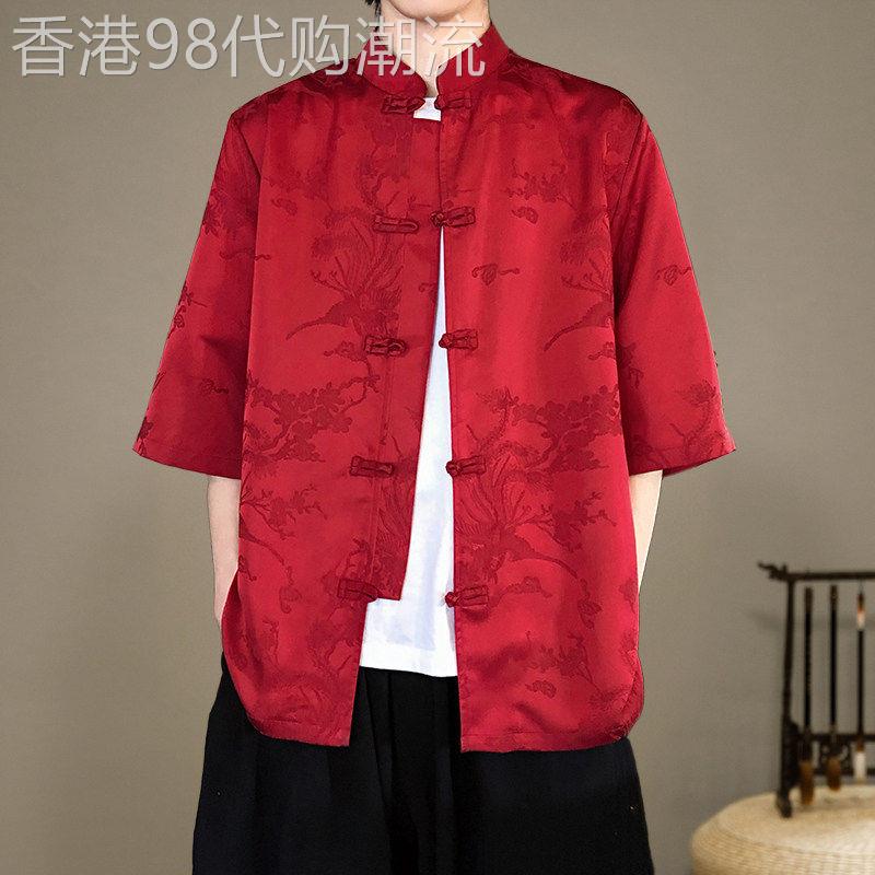 红色新中式唐装衬衫男士夏季潮流复古汉服盘扣短袖休闲中山衬衫服