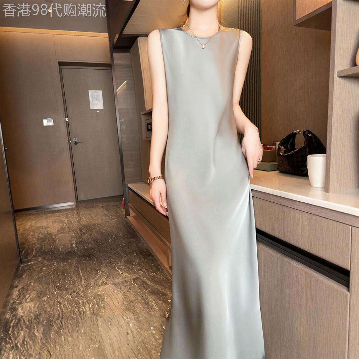 真丝吊带洋装女2026夏新款圆领无袖醋酸缎面垂感裙气质背心长裙