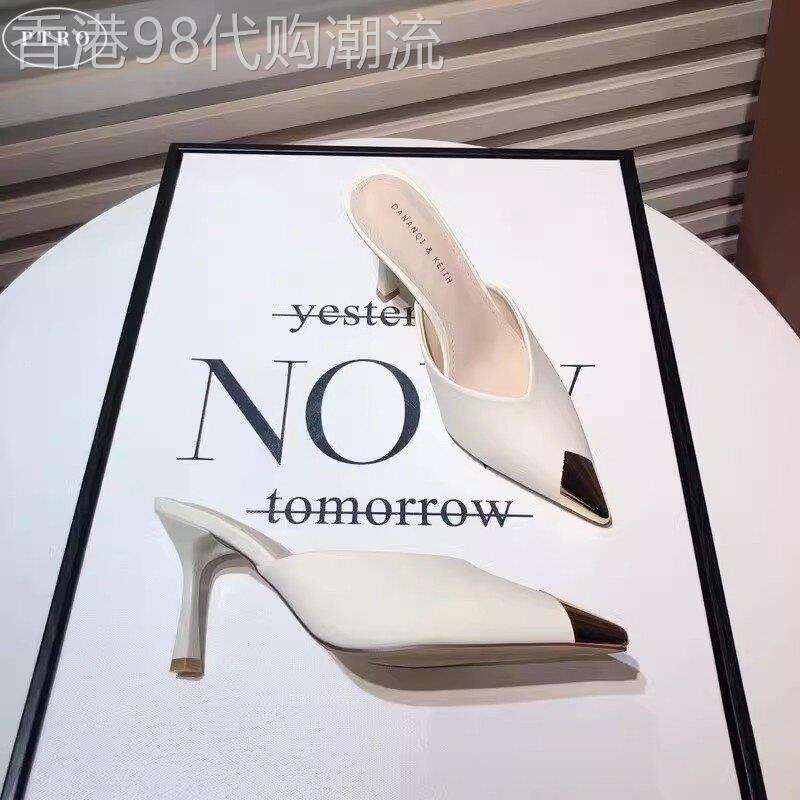 真皮包头半拖鞋女2025春秋季新款细跟金属尖头穆勒法式高跟凉拖鞋