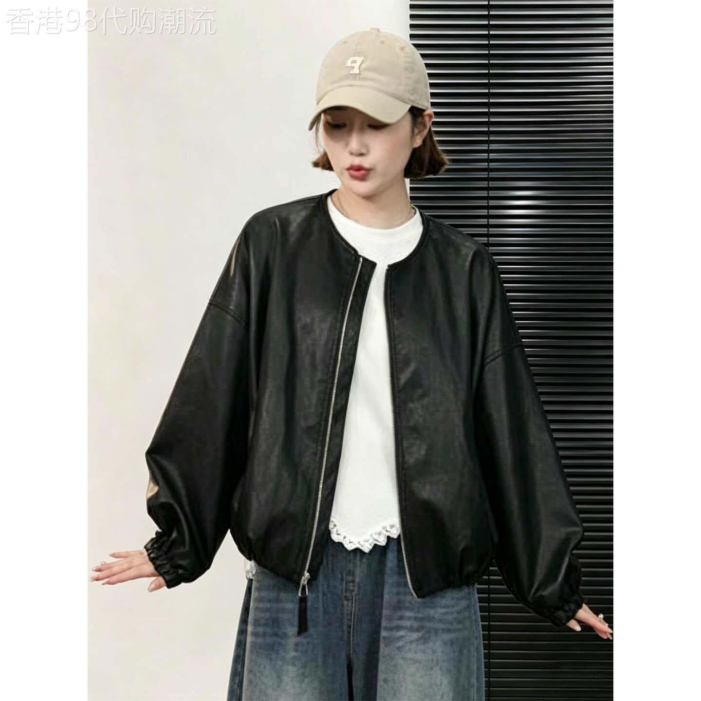 黑色圆领长袖pu皮衣外套女春秋欧货酷飒风休闲夹克高端小资上衣潮
