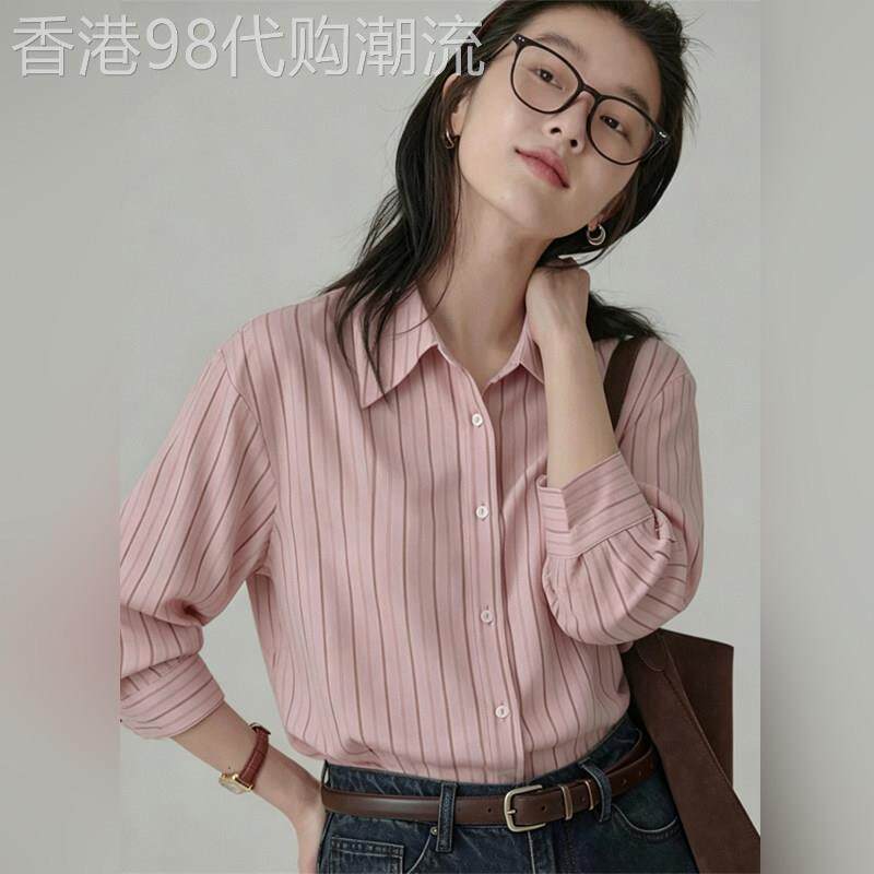 潮牌韩系粉色条纹衬衫女新款法式高智感通勤穿搭宽松显瘦长袖上衣