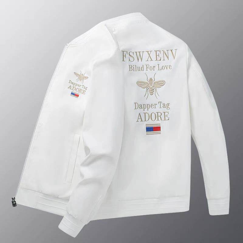 夹克外套男春秋高端潮牌小蜜蜂刺绣冲锋衣男士休闲薄款白色棒球服