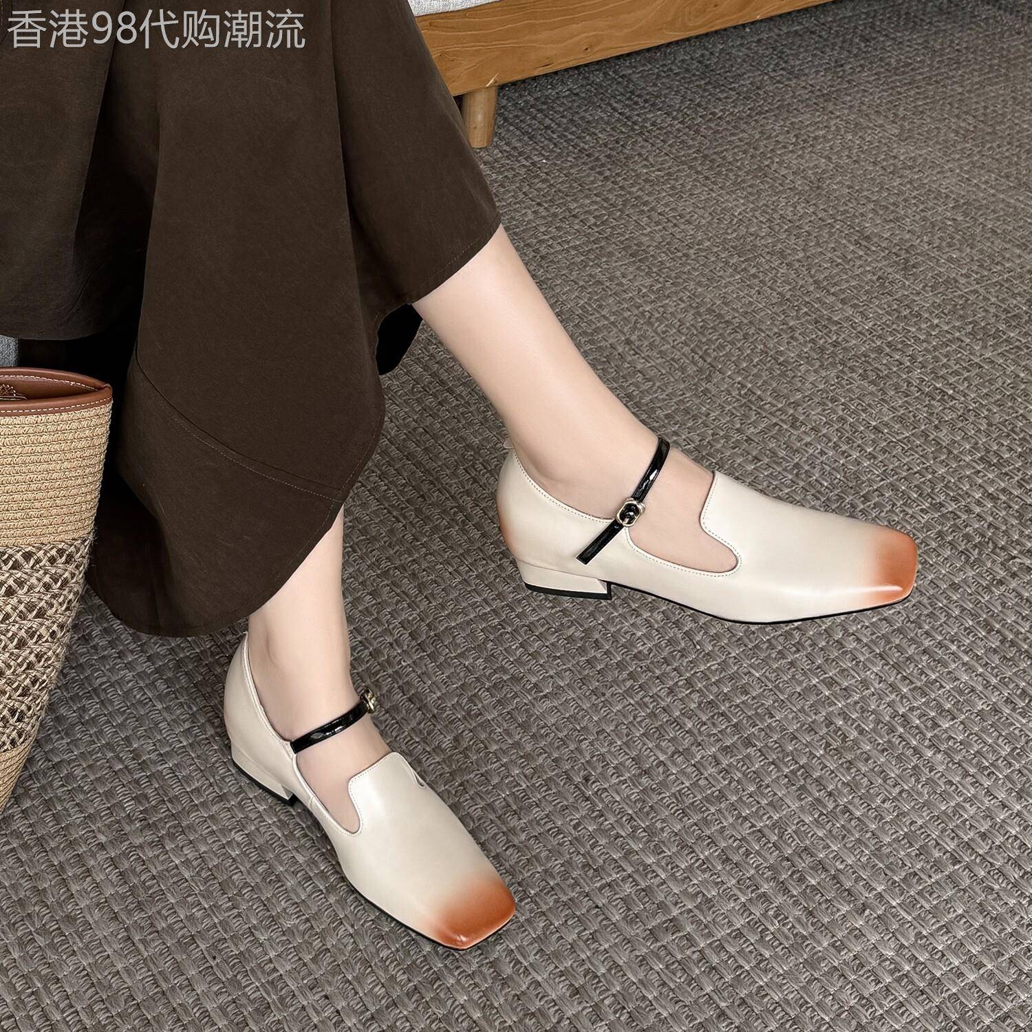 奶油枫糖~ 法式气质擦色真皮玛丽珍鞋女方头粗跟内增高单鞋秋新款