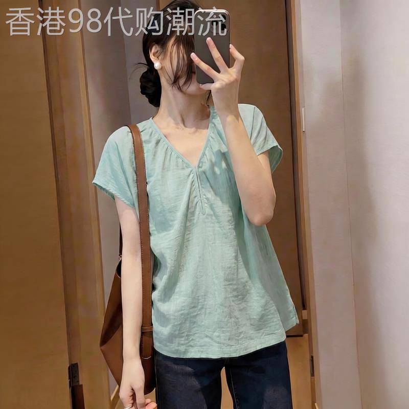 潮牌V领正肩棉麻短袖衬衫女2026年新款夏季大尺码胖mm减龄小衫上