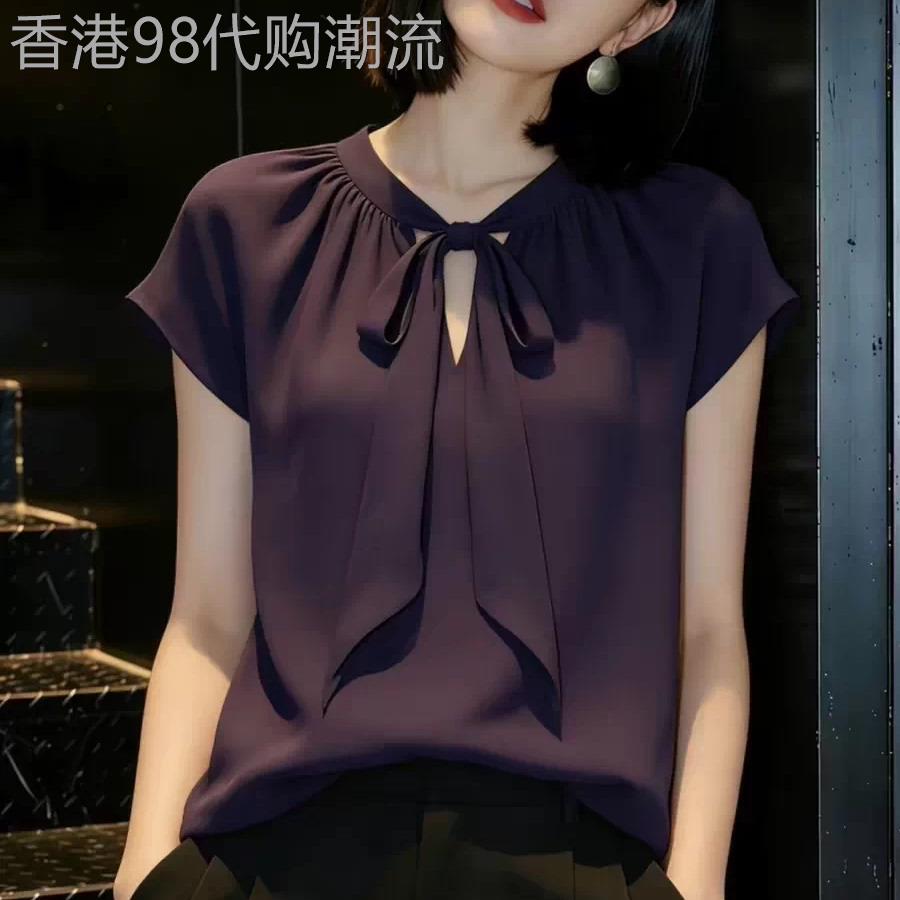 蝴蝶结系带女士雪纺衫夏季2026年新款复古风宽松短袖衬衣百搭上衣