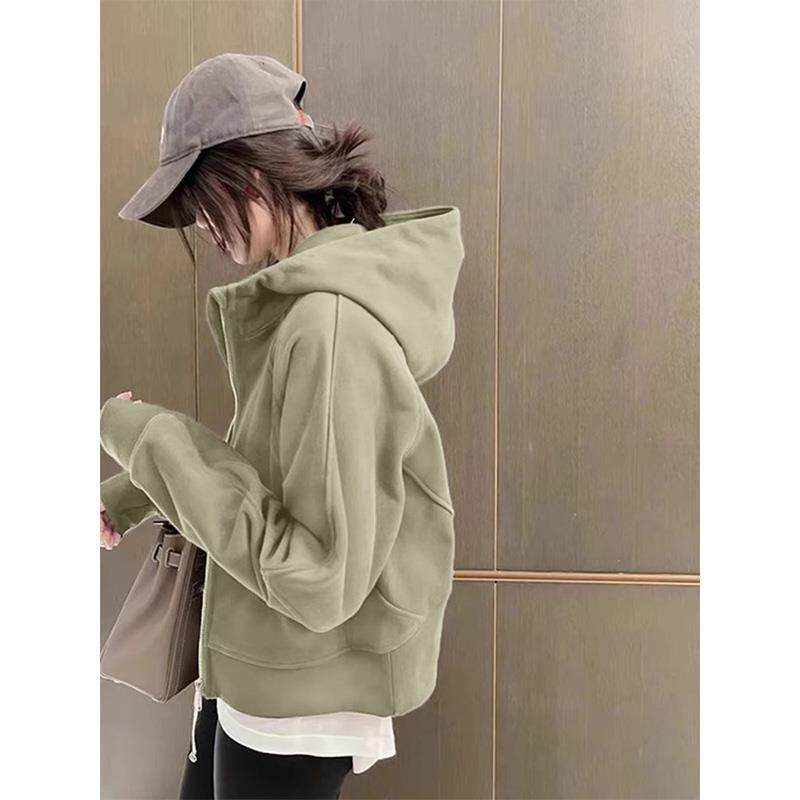 灰绿色连帽卫衣女2025年新款爆款秋冬小个子穿搭短款加绒外套上衣