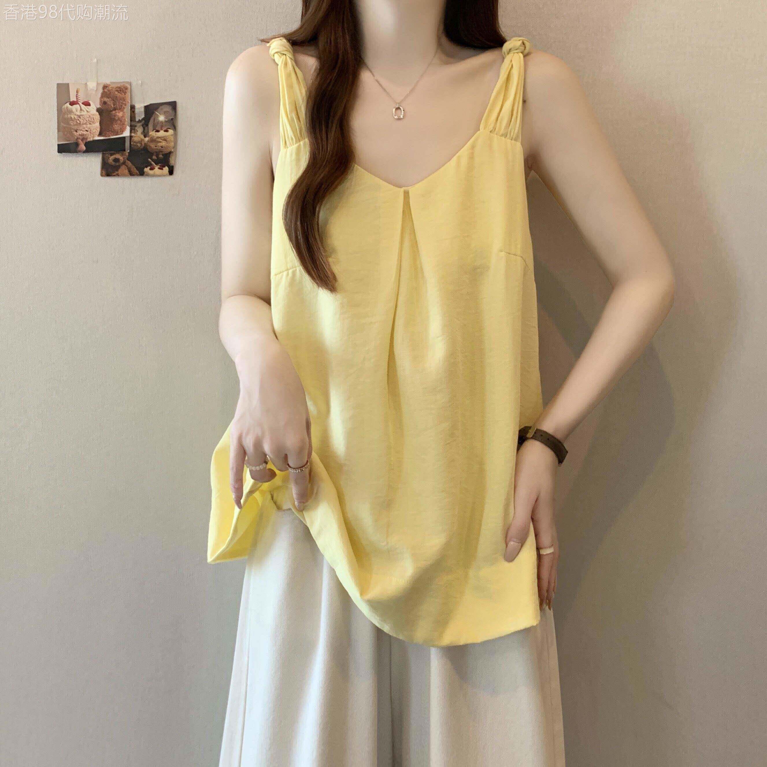 法式背心吊带女夏季新款薄款大尺码胖mm宽松多巴胺好看黄色小衫上