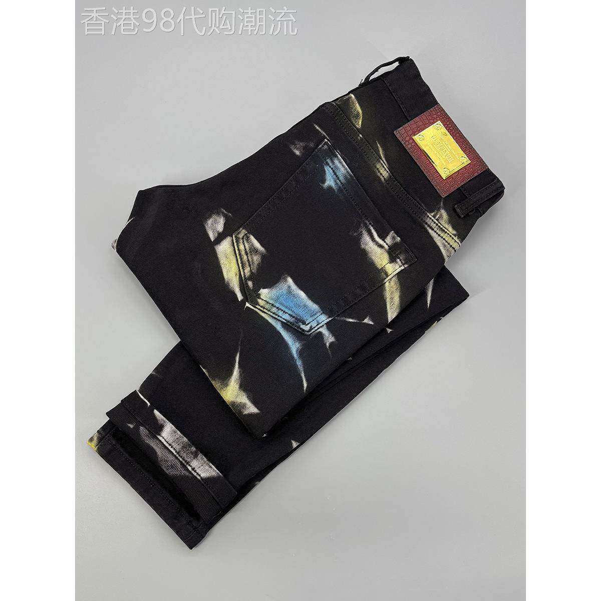 设计感高端印花九分牛仔裤男秋冬款水墨彩色潮流修身小脚弹力裤子