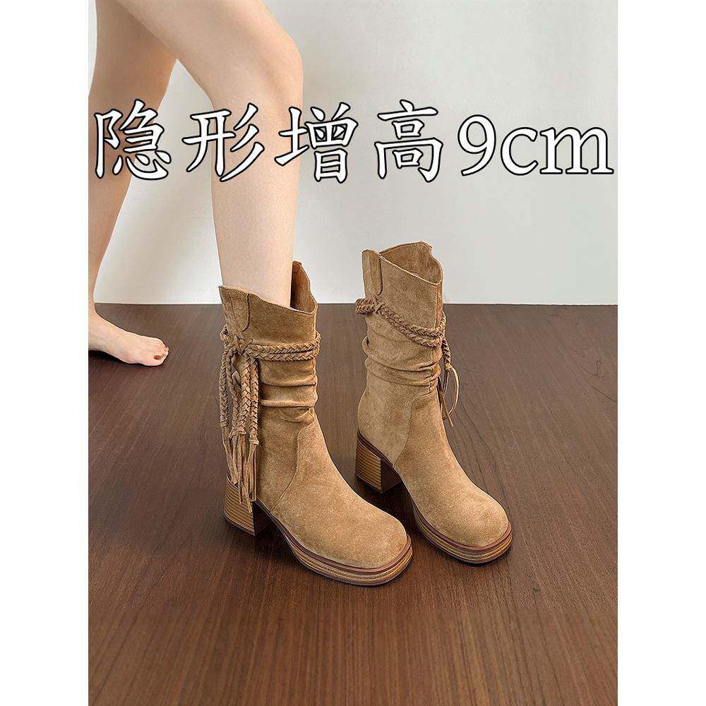 【港风名品】内增高厚底骑士靴女真皮秋冬新款尖头短筒西部牛仔靴