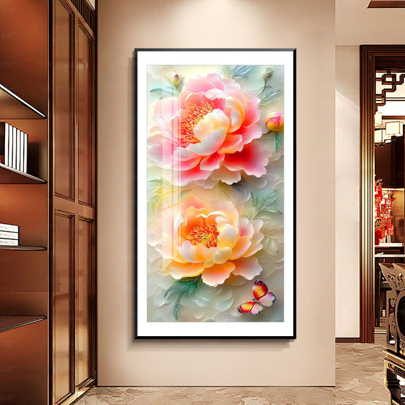 蝶舞牡丹十字绣2026新款线绣客厅竖版玄关新中式花卉自己绣手工