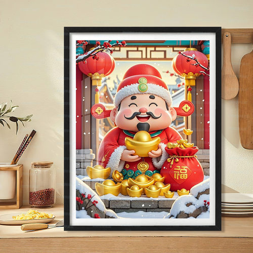 财神爷福袋十字绣竖版玄关小件