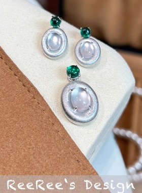 Veri薇芮 椭圆荷包蛋拉丝水沫玉耳钉吊坠 s925银镀金 高级精美