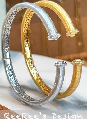 925纯银镀金拉丝复古点钻手镯