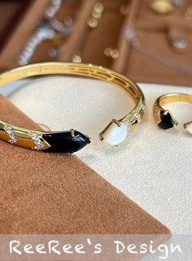 Veri薇芮 黑白蛇个性时尚款手镯戒指 s925银镀金 法式黑白贝母