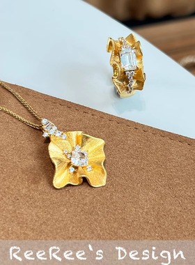 Veri薇芮 鎏金生花古法戒指吊坠套装 s925银镀金 裙边褶皱轻奢