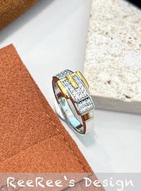 925纯银镀金满钻皮带扣个性戒指