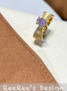 925纯银镀金蝴蝶结紫色锆石戒指