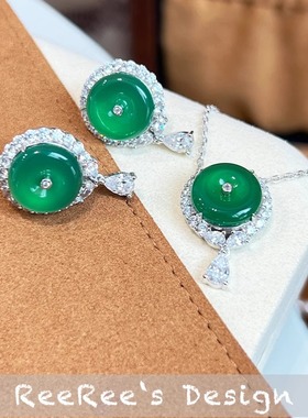 Veri薇芮 翠绿玛瑙平安扣耳钉吊坠 s925银镀金 新中式高级感女