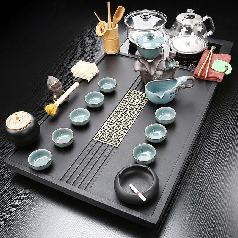 全自动玻璃茶具套组家用石材茶台茶海办公底部上水烧壶一体大茶盘