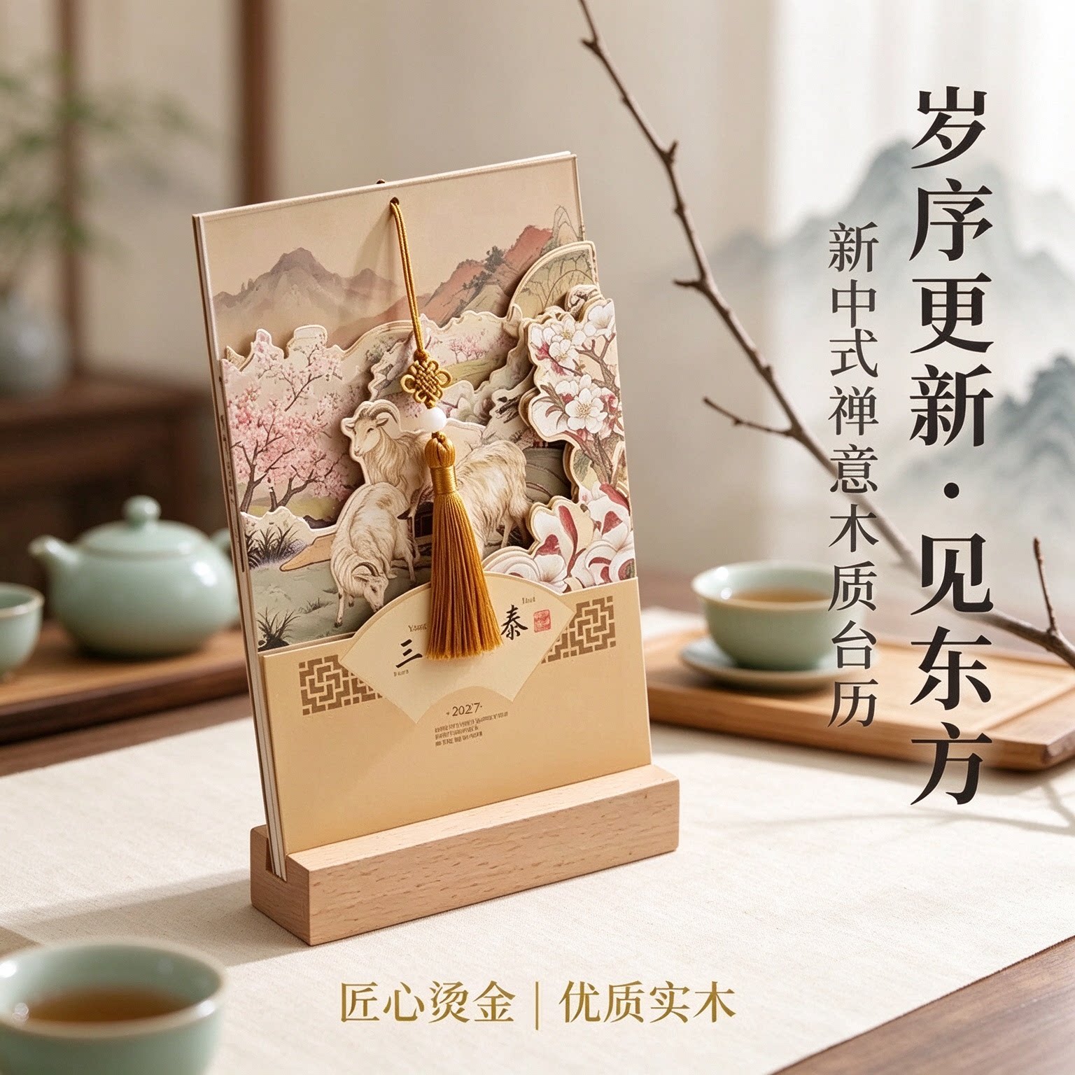 2027年台历创意立体纸雕日历实木榉木工艺摆件摆台办公桌书房客厅装饰新年礼物公司企业商务定做原创简约复古