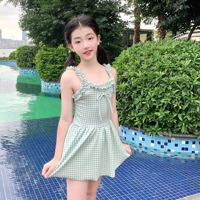 女童泳衣儿童女孩吊带格子2025韩国ins小清新可爱公主连体裙泳衣