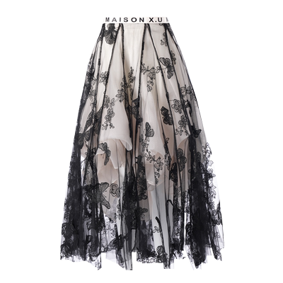 精工立裁俏云曦蕾丝黑蝴蝶大摆裙