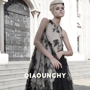 立裁 QIAOUNCHY俏云曦｜黑色蝴蝶蕾丝立裁和手缝裙撑高定连衣裙