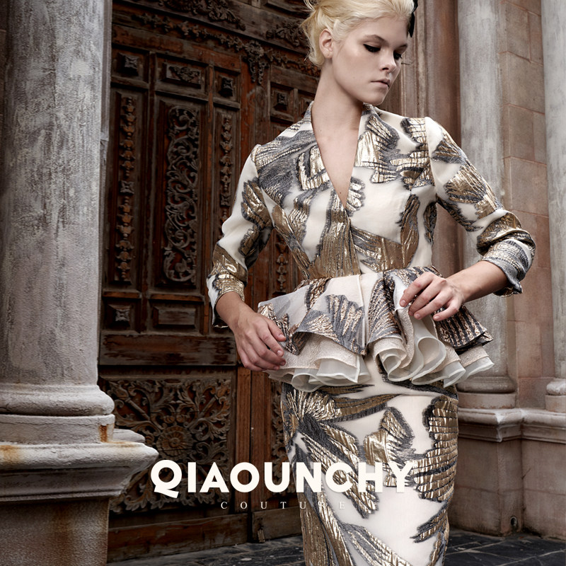 欧洲进口提花 QIAOUNCHY俏云曦 | 灰金法式优雅修身套装华美盛装