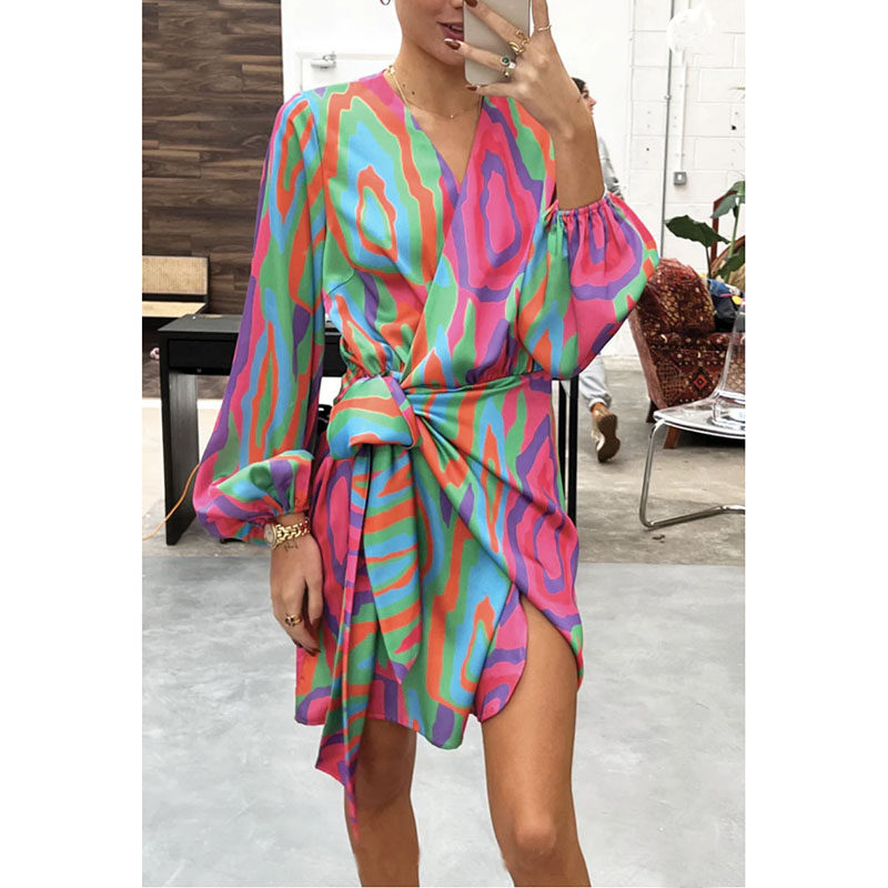 Casual Loose Wrap Dress 灯笼袖印花系带开衩V领度假风连衣裙,女装/女士精品,连衣裙,淘宝优惠券,粉丝福利购,淘宝优惠卷