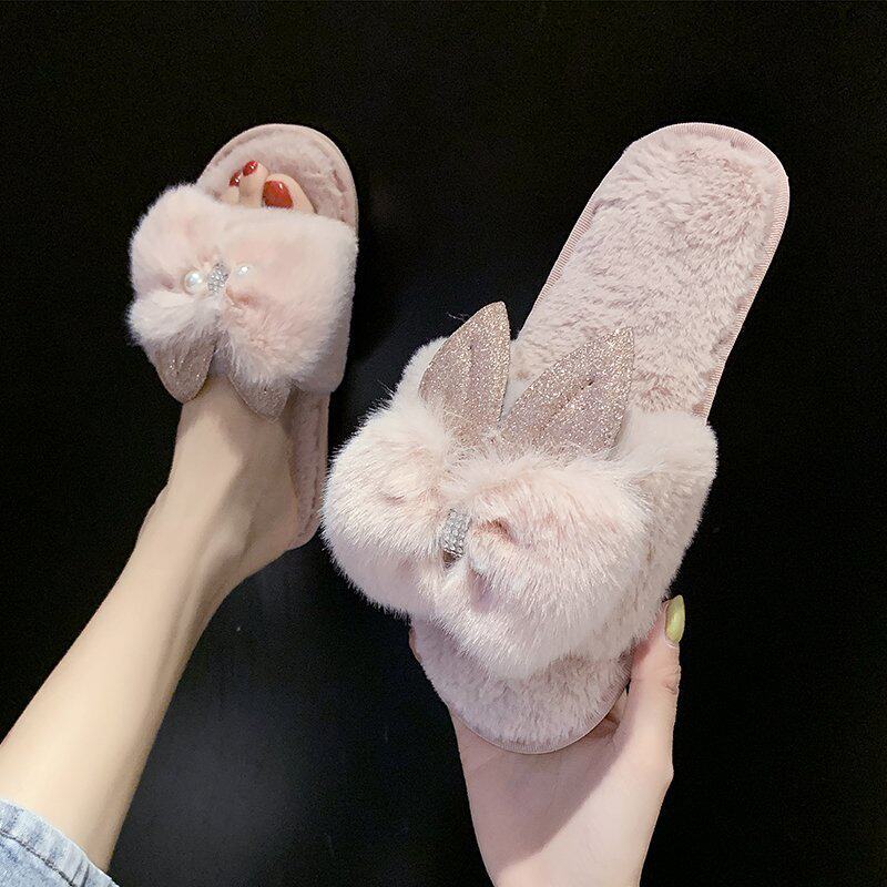 shoes women新款秋冬季家居棉拖鞋女居家珍珠兔耳朵一字保暖地板