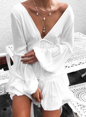 Summer fashion White V-neck lantern sleeve loose women dress