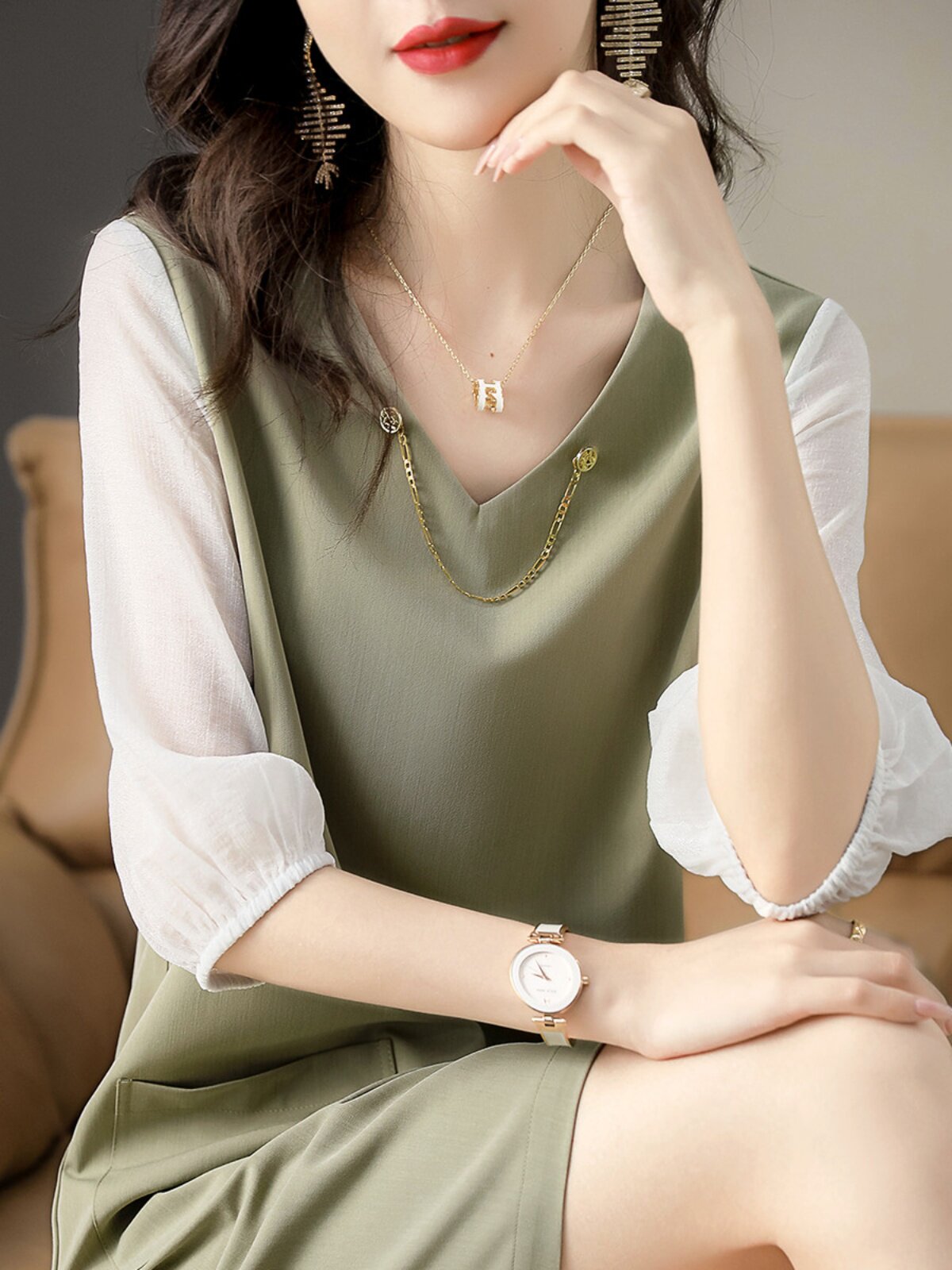 FIRST-LINE BIG BRANDS CUT LABELS WOMENS CLOTHING FOREIGN TRADE EXPORTS TAIL LISTS FASHIONABLE RETRO TEMPERAMENT AGE-REDUCING AND THINNING DRESSES AUTUMN