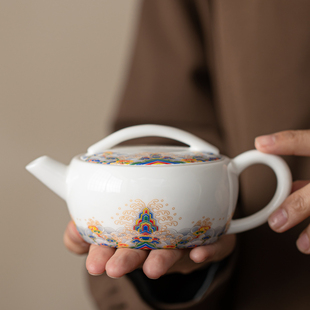 陶瓷汉瓦壶功夫茶具单壶 羊脂玉瓷海水江崖茶壶家用白瓷泡茶壶中式