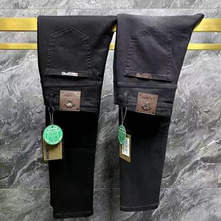 欧货高端黑色牛仔裤男2025冬季加厚直筒长裤弹力修身小脚裤休闲裤