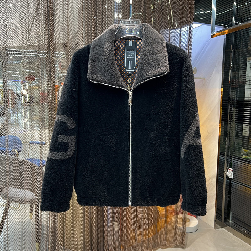 欧货高端男士颗粒绒皮草夹克冬季时尚字母提花修身保暖羊毛外套男