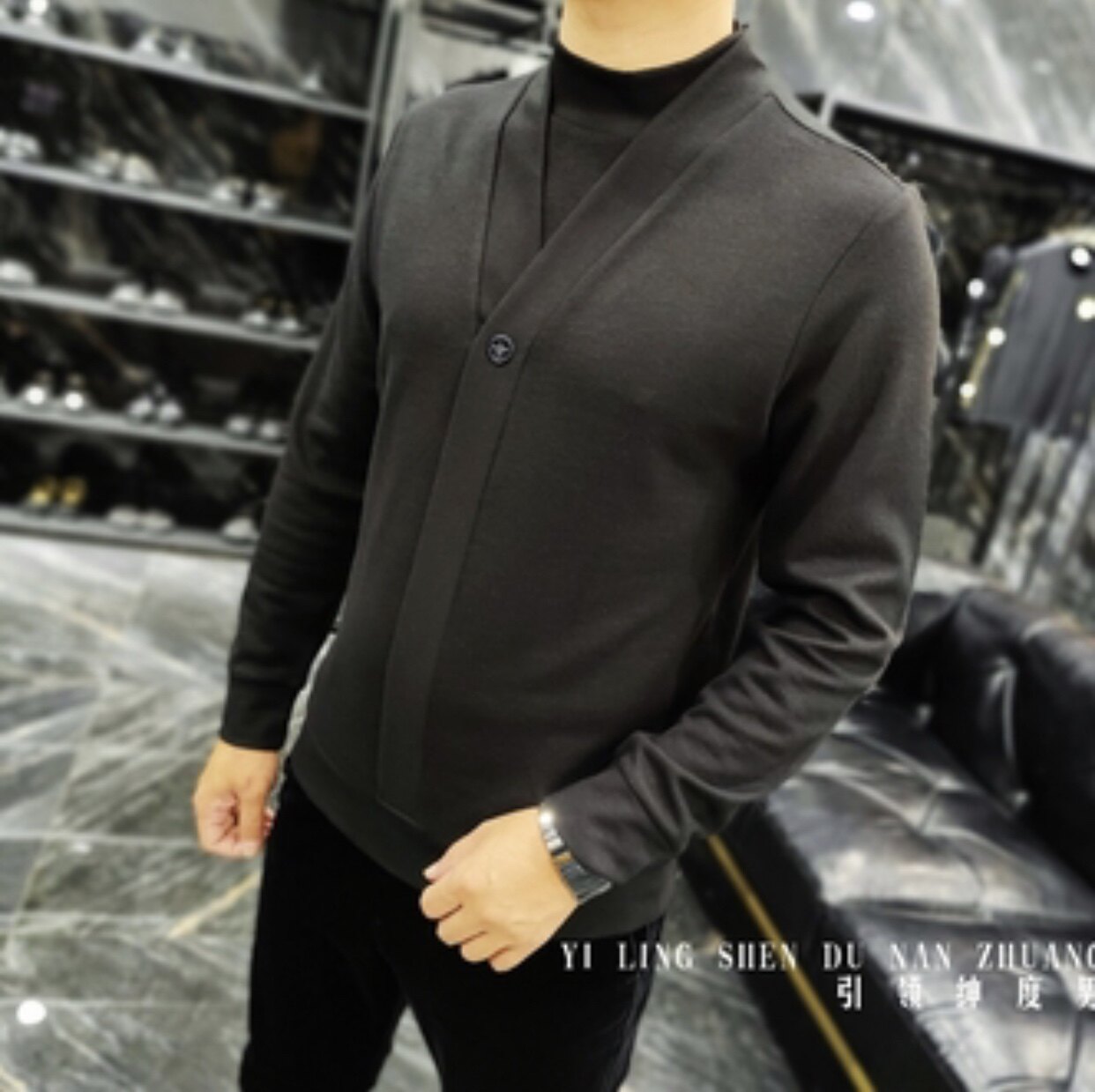 62319新款绅度男装修身针织假两件百搭t恤高弹力净色长袖t恤男