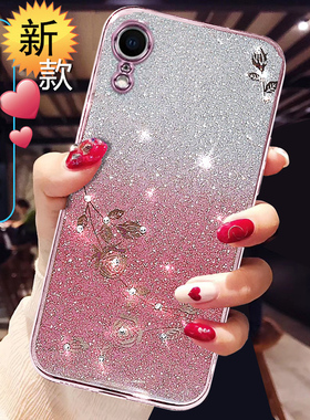 渐变闪粉适用于苹果XR手机壳女新款iphonexs硅胶保护套xsMax网红高级感iphone X透明全包防摔软外壳钻紫色ins