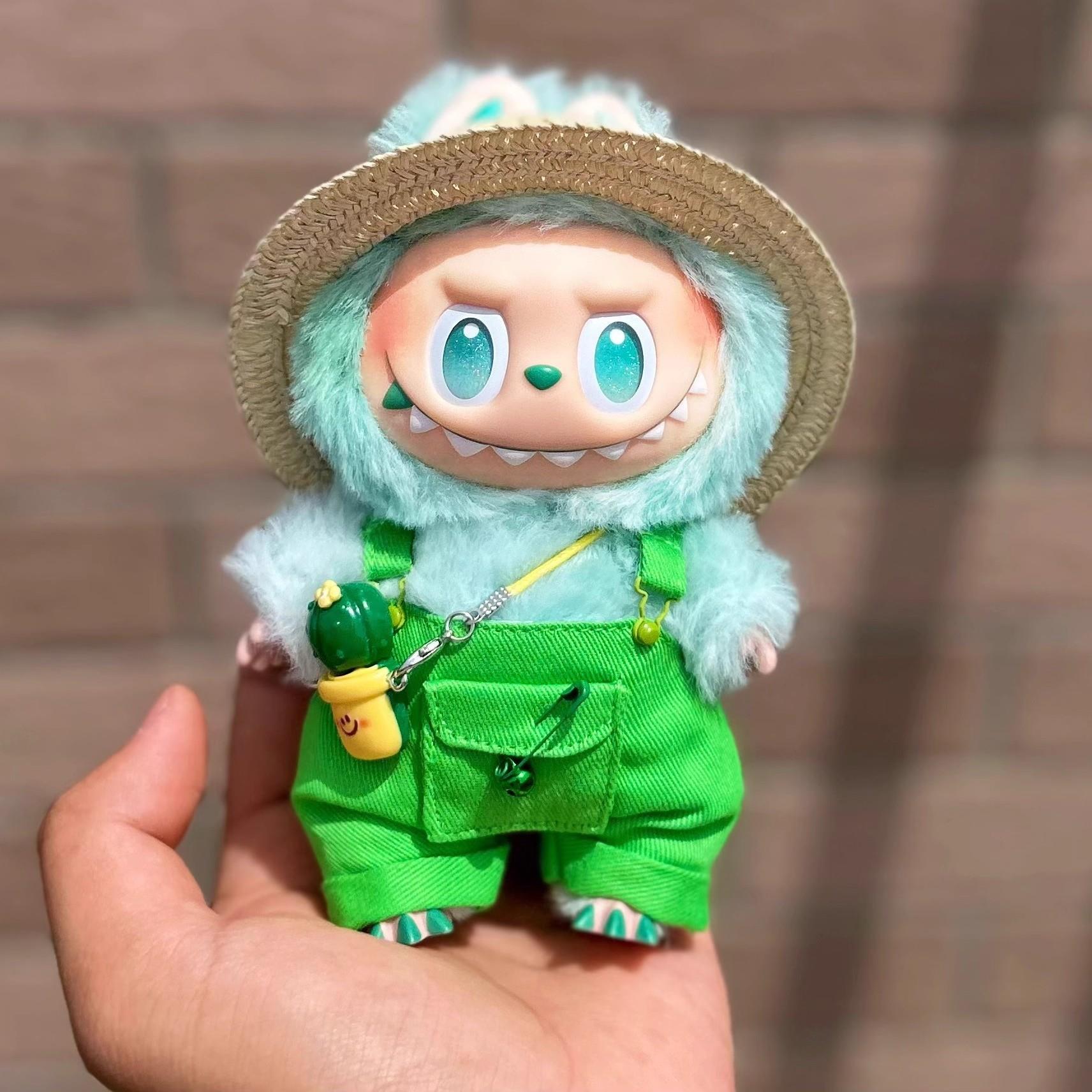 拉布布娃衣labubu玩偶衣服三二一代15cm17cm前方高能草帽背带裤套