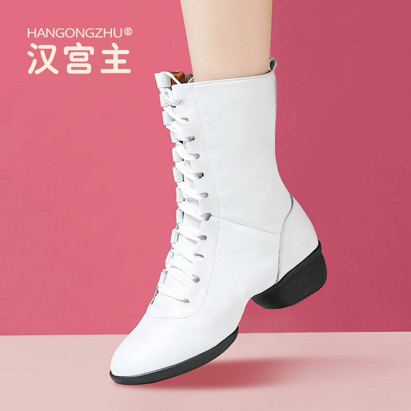 跳舞女鞋中粗跟短靴白色真皮水兵舞蹈靴软底秋冬爵士高帮广场舞鞋